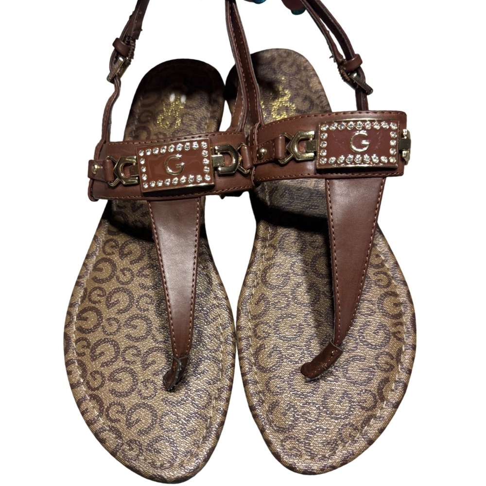 G by Guess Sandals Women 9.5 Monogram Rhinestone Logo Brown T-Strap Thong Flat